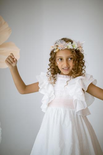 فستان الرفلز ابيض وزهري PAOLA