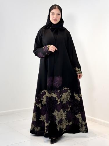 عباية انيقة كتان اسود بتطريز نقشه ناعمه وفخمه بالل...