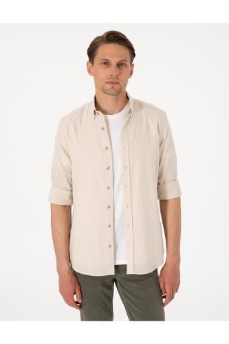 Pierre Cardin قميص كاجلا كتان ذو قصة ضيقة وأكمام طويلة 50307025-VR016