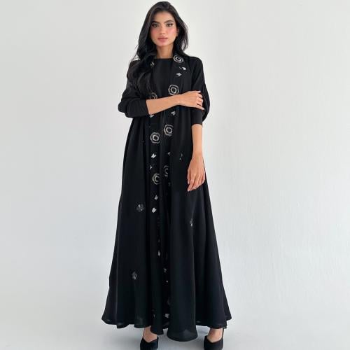 عبايه R10 دبل كلوش تطريز ياقه كم مطاط قماش انترنت