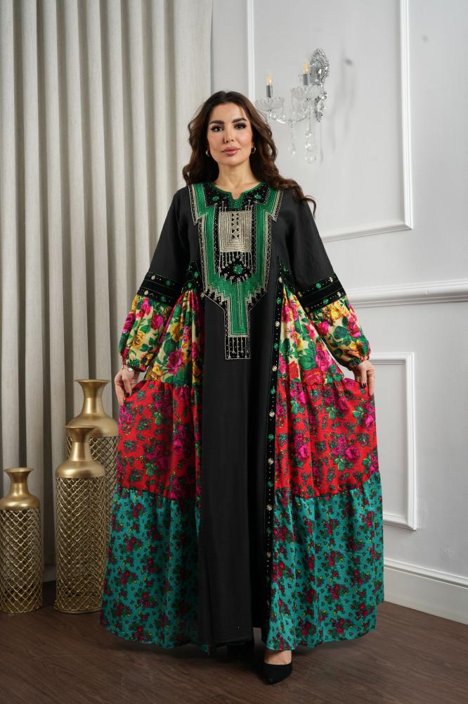 جلابية بتطريز عسيري وتداخل الكلفة الجنوبية التراثية وخام الشالكي الجميل