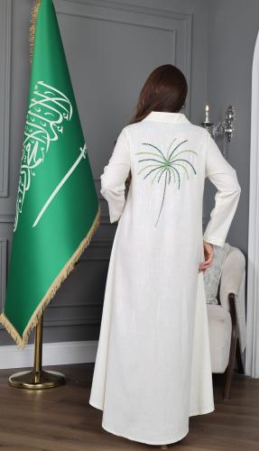 جلابية لينن بتطريز نخلة - تصميم عباية بأزرار كاملة