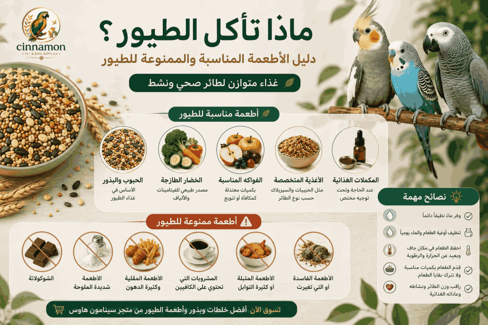ماذا تأكل الطيور؟ دليل الأطعمة المناسبة والممنوعة للطيور