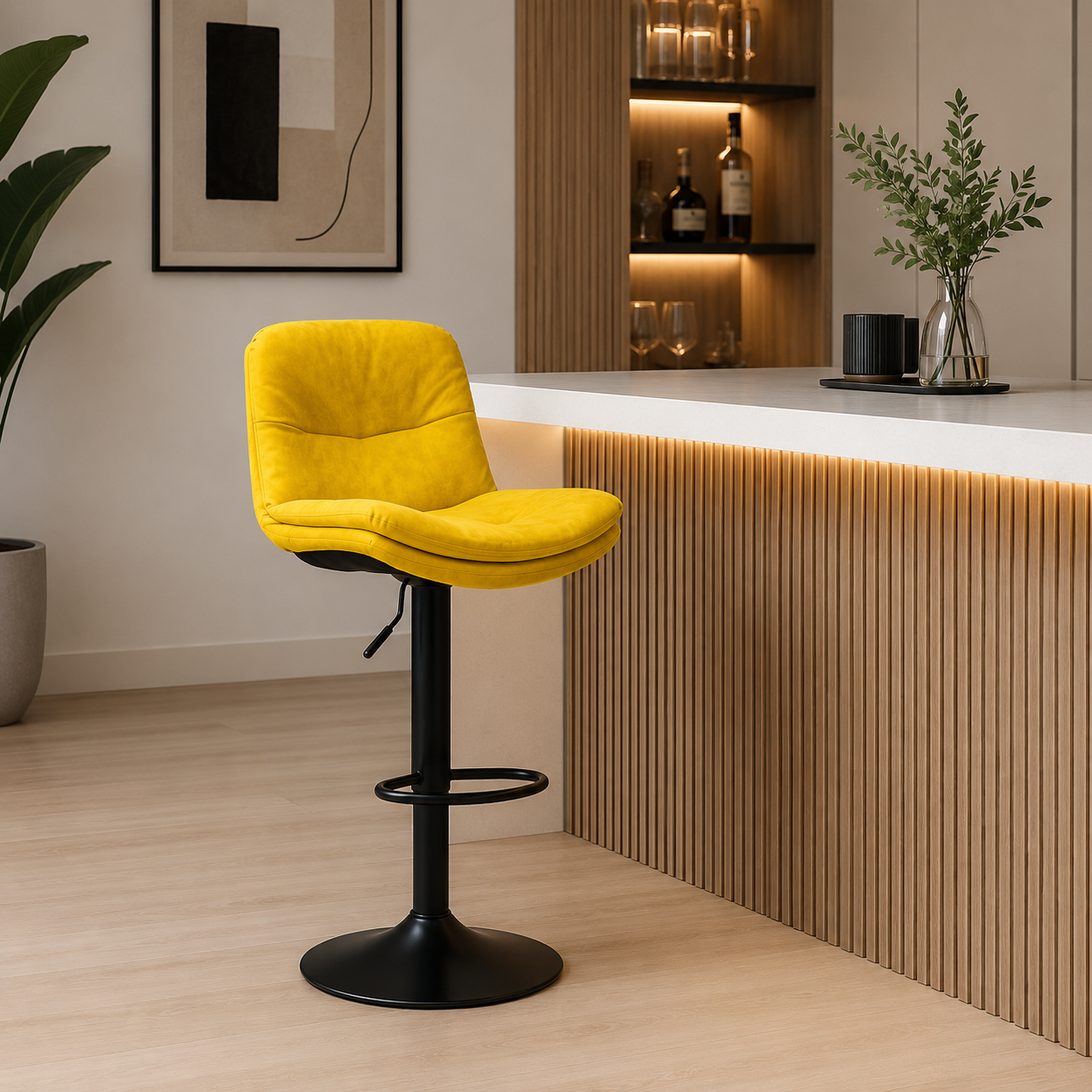 كرسي مرتفع بستم قماش باللون الرمادي الفاتح