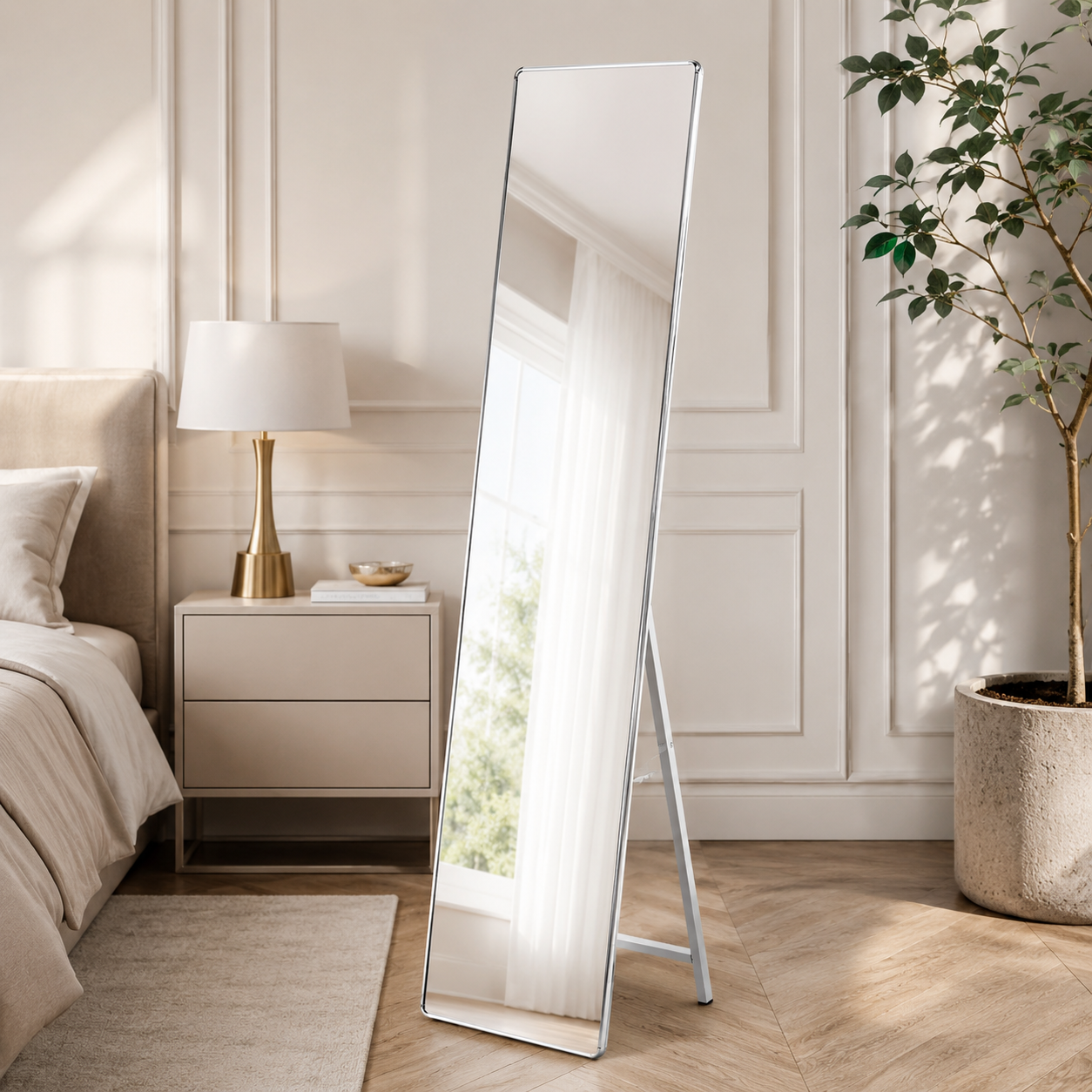 مرآة ستاند أرضية بإطار سلفرمقاس 160 × 40 سم