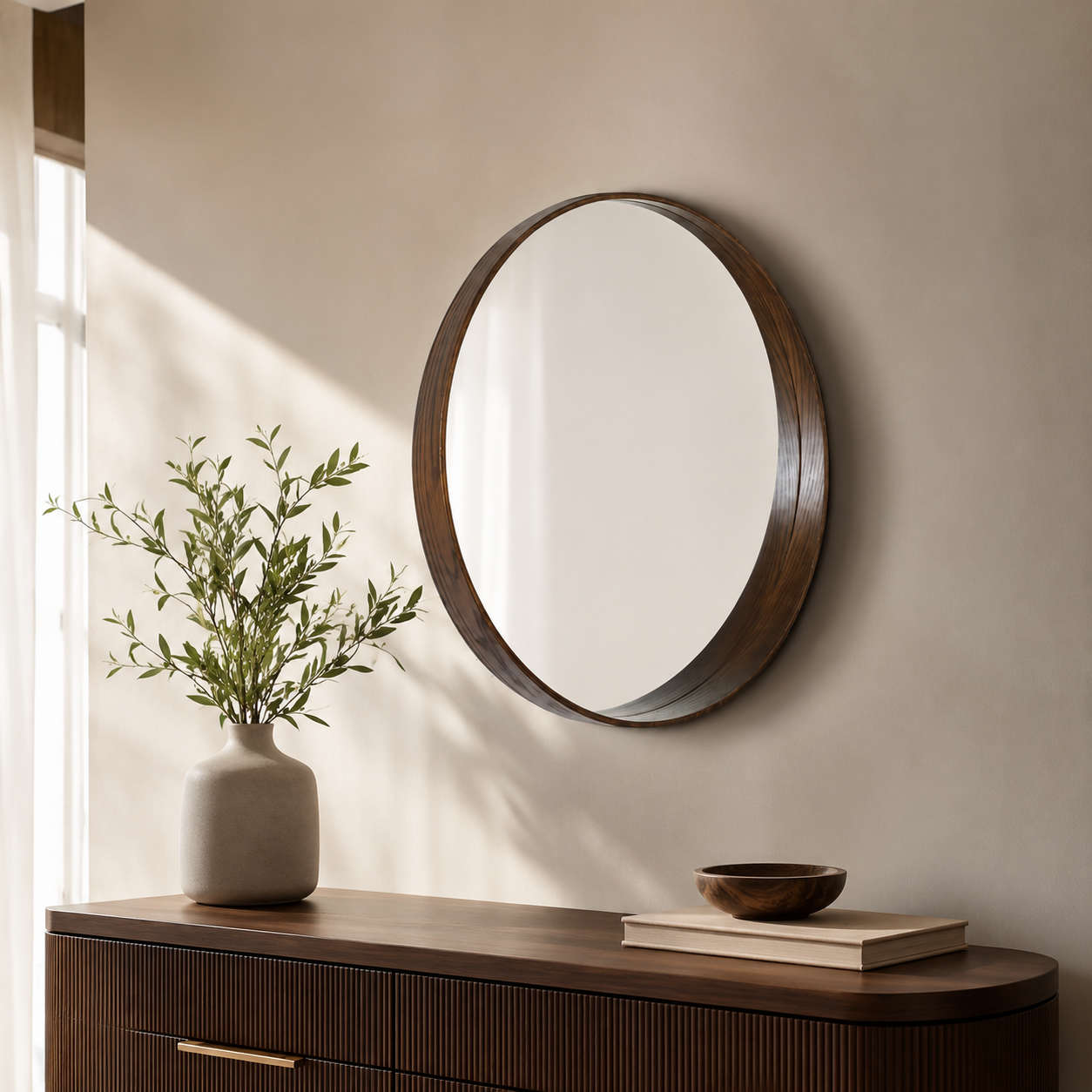 مراية حائط بأطار بني تعليق مقاس 90 × 90 سم