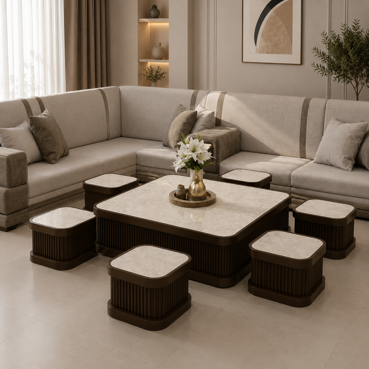 طقم طاولات ارضي 1-6 بديل رخام مع خشب MDF