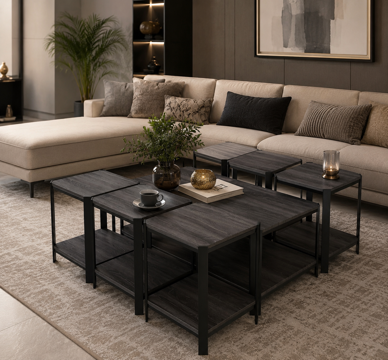 طقم شاي خشبي مستطيل 1+6 رمادي داكن