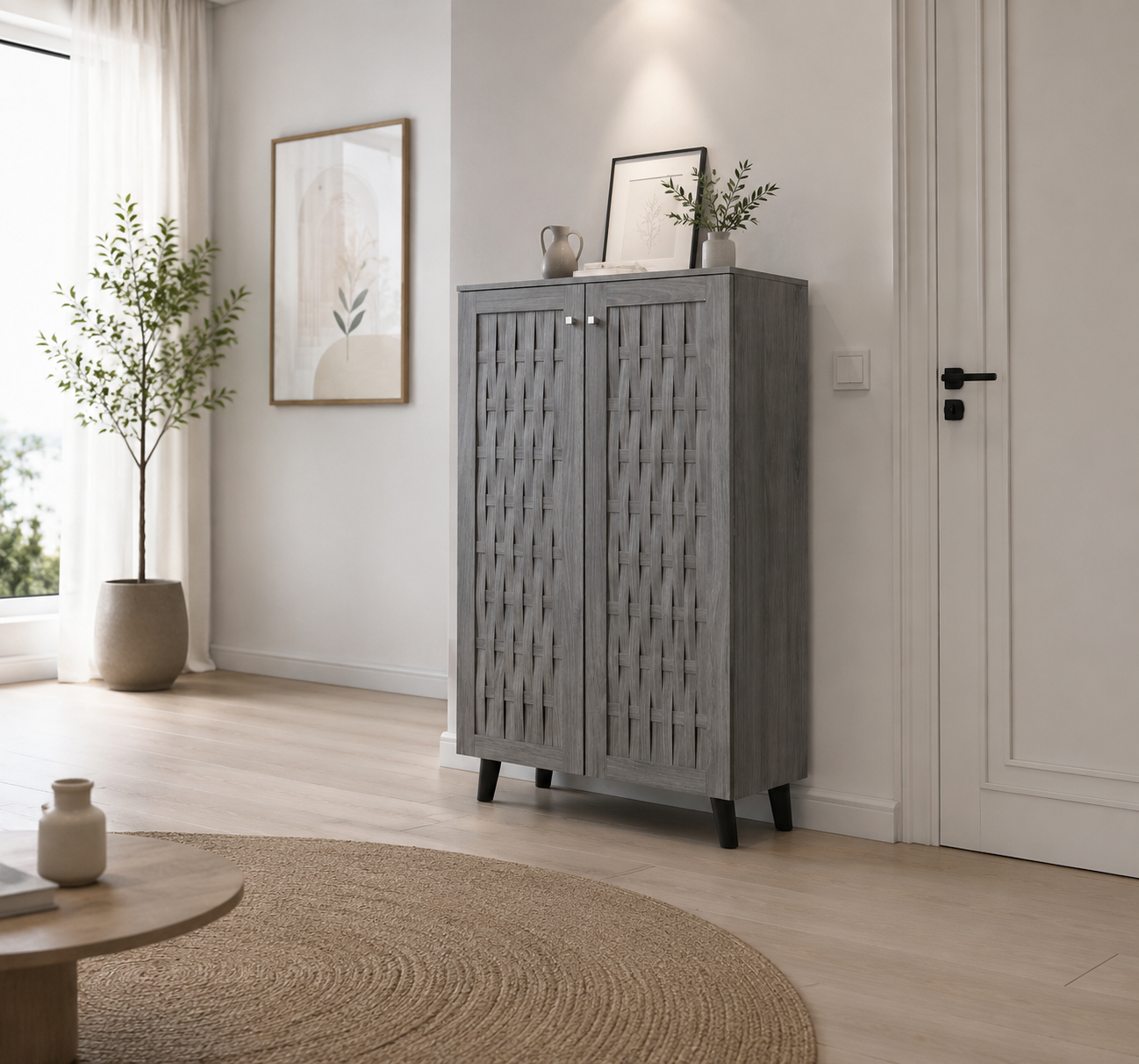 دولاب أحذية ببابين بتصميم ماليزي باللون الرمادي