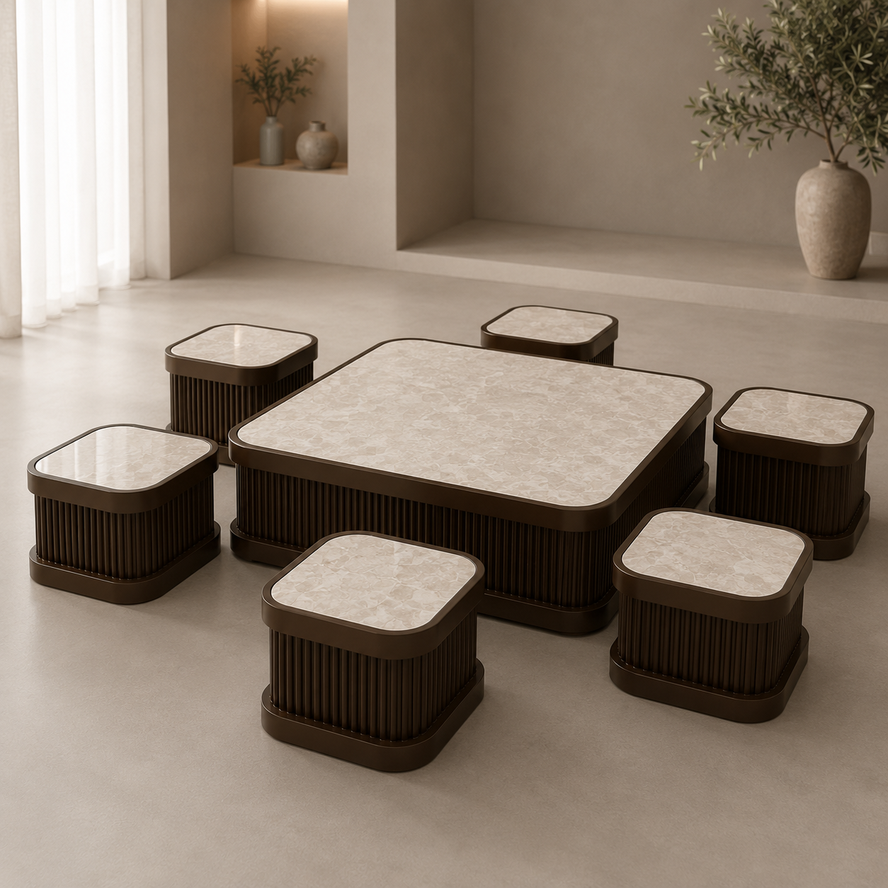 طقم طاولات ارضي 1-6 بديل رخام مع خشب MDF