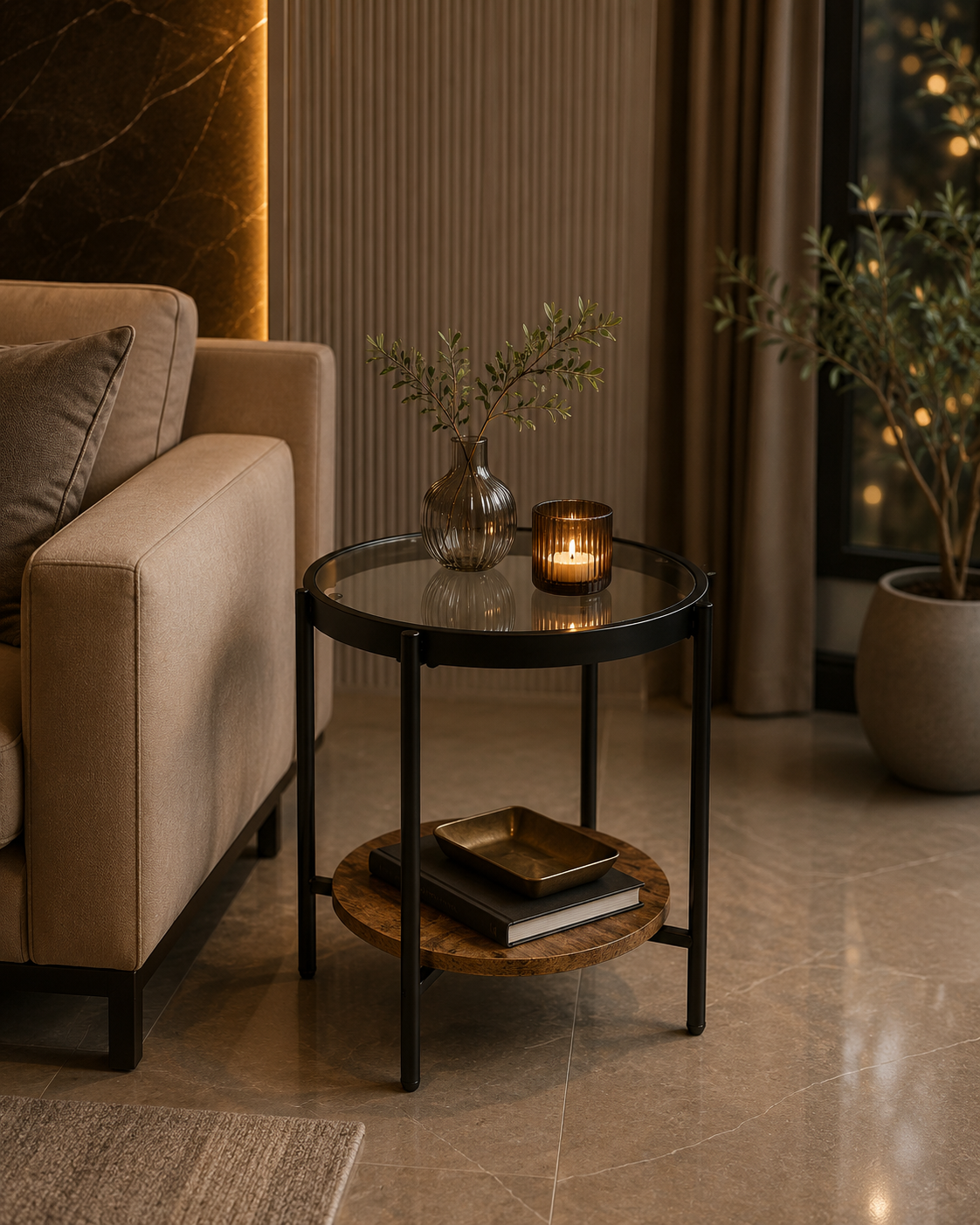 طاولة خدمة مفردة خشب وزجاج دائرية بني