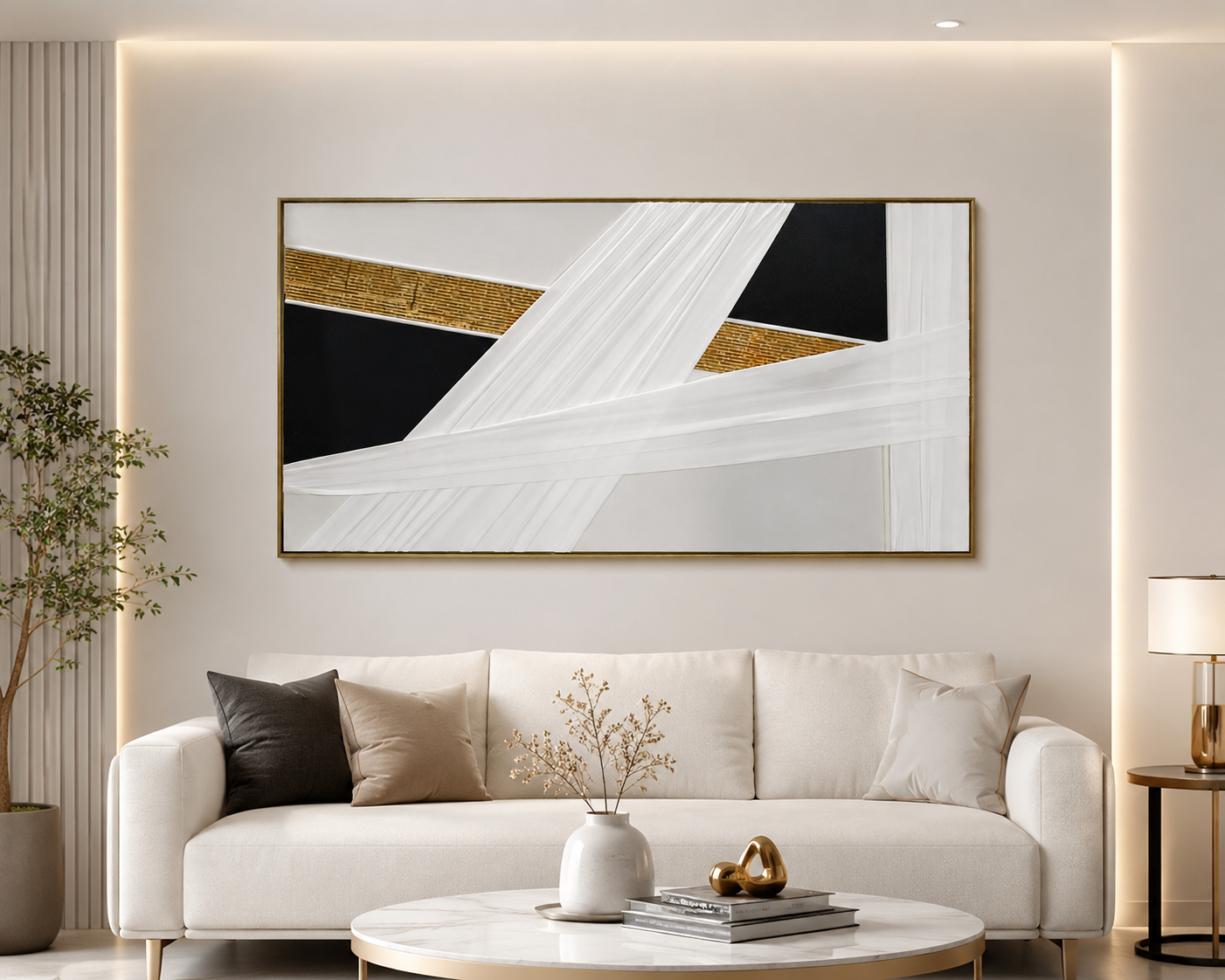 لوحة فنية طولية بإطار ذهبي مقاس 70 × 140 سم