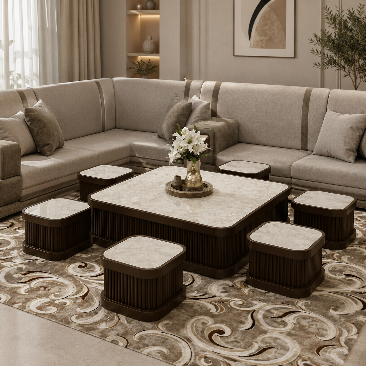 طقم طاولات ارضي 1-6 بديل رخام مع خشب MDF