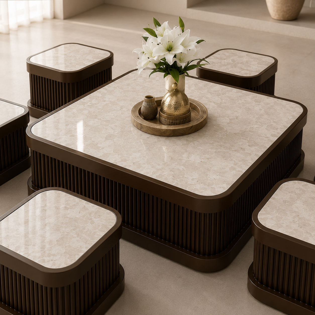 طقم طاولات ارضي 1-6 بديل رخام مع خشب MDF
