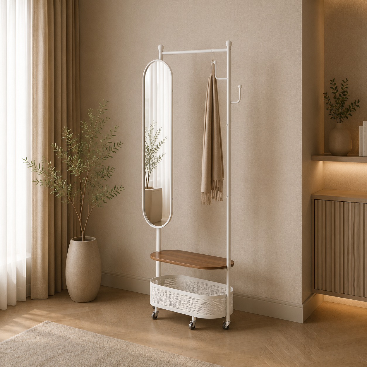 مراية ستاند بأطار ابيض و بنى مع علاقةمقاس 185 × 70 سم