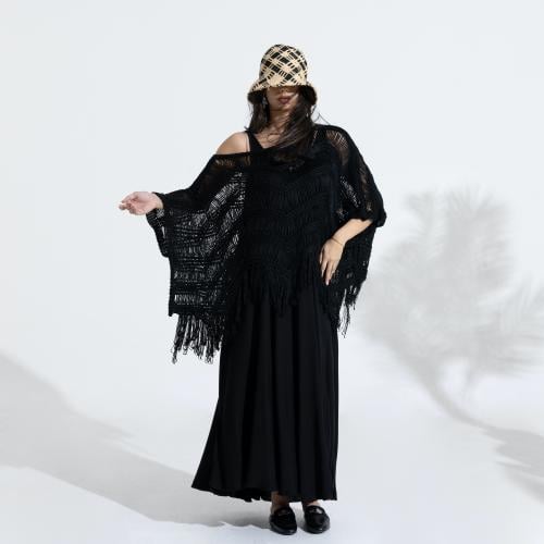 Fringed Top Over Dress - Black