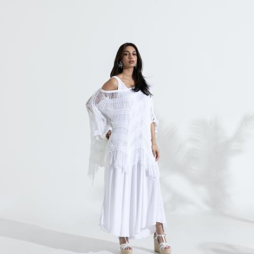 Fringed Top Over Dress - White