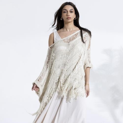 Fringed Top Over Dress - Beige