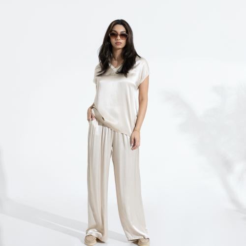 Silky Short Sleeves Set - Beige