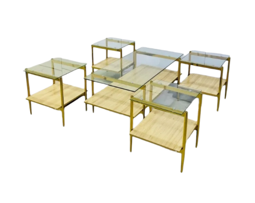 طقم طاولات ضيافة أنيقة بسطح زجاج قواعد استيل ذهبي دورين لون خشبي مقدم لكم من كاما