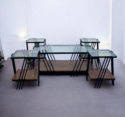 طقم طاولات شاي مودرن خشب سطح زجاج 5 قطع لون بني غامق من كاما