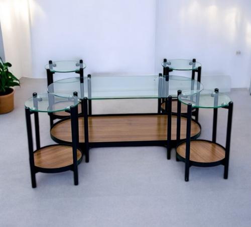 طقم طاولات خدمةدائري 4+1 زجاج وخشب لون بني فاتح من كاما