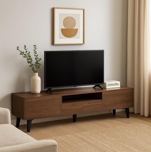 طاولة تلفزيون خشبية لون بني بتصميم مودرن منخفض مع أدراج تخزين – 200سم