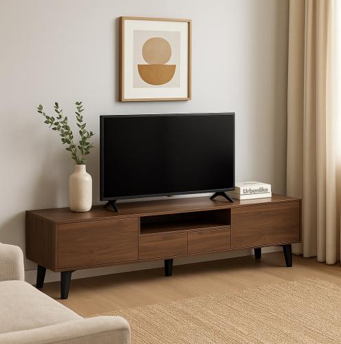 طاولة تلفزيون خشبية لون بني بتصميم مودرن منخفض مع أدراج تخزين – 180 سم