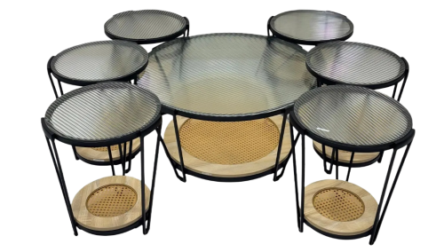 طقم طاولات خدمة 6+1 زجاج وخشب لون بيج من كاما