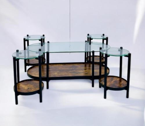 طقم طاولات خدمةدائري 4+1 زجاج وخشب لون بني عسلي من كاما