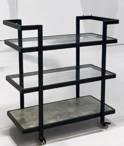 عربة تقديم أنيقة لون رمادي من ٣ أدوار زجاج وخشب وقواعد حديد من كاما