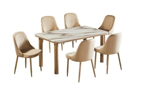 طقم طاوله طعام بديل رخام تصميم عصري لون بيج 6 كرسي من كاما