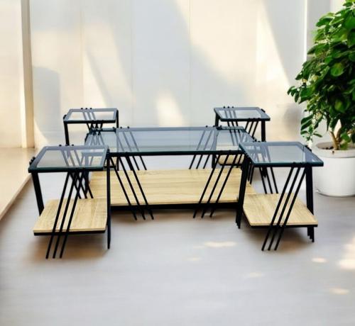 طقم طاولات شاي مودرن خشب سطح زجاج 5 قطع لون بيج فاتح من كاما