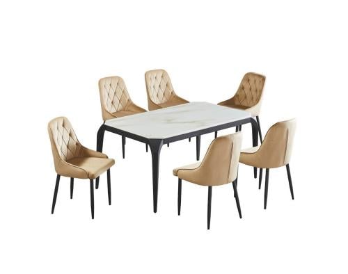 طقم طاوله طعام بديل رخام تصميم حديث لون بيج 6 كرسي من كاما