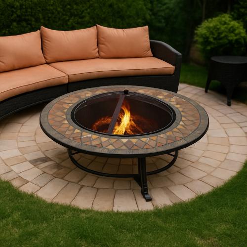 منقل نار فحم وحطب للشواء والتدفئة رخام دائري لون اسود من كاما، للدائق والجلسات الخارجية