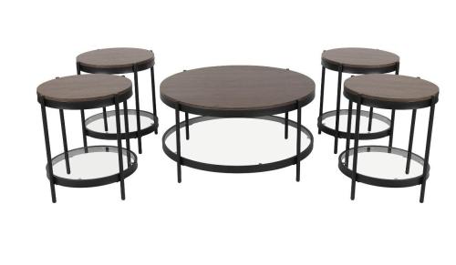 طقم طاولات خدمة 5 قطع خشبي لون بني غامق رف زجاج شفاف ارجل معدن مقدم لكم من كاما