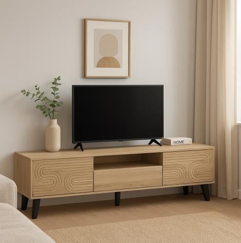 طاولة تلفزيون خشبية لون بيج بتصميم مودرن منخفض مع أدراج تخزين – 200 سم