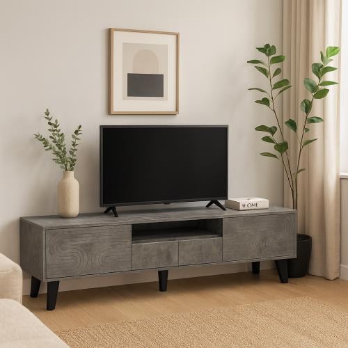 طاولة تلفزيون خشبية لون رمادي بتصميم مودرن منخفض مع أدراج تخزين – 180 سم