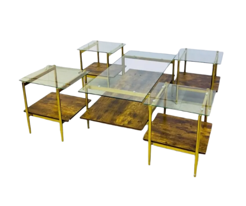 طقم طاولات ضيافة أنيقة بسطح زجاج قواعد استيل ذهبي دورين لون بني مقدم لكم من كاما