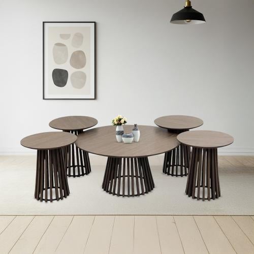 طقم طاولة قهوة خشب دائري 5 قطع لون بني مقدم لكم من كاما