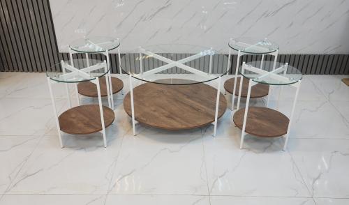 طقم طاولات دائري بسطح زجاج لون أبيض*بني مقدم لكم من كاما