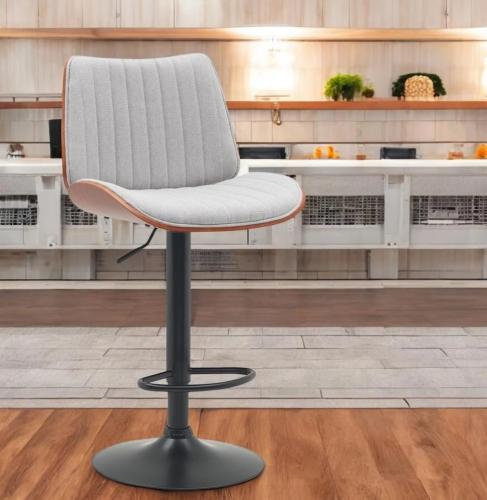 كرسي بار قماش رمادي فاتح بقاعدة حديد دوار من كاما