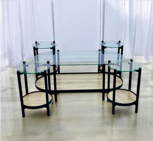 طقم طاولات خدمة دائري 4+1 زجاج وخشب لون بيج من كاما