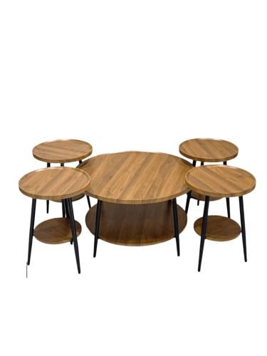 مجموعة طاولات خدمة خشب 4+1 – لون بني فاخر – طاولة كبيرة مع 4 طاولات تقديم صغيرة – مثالي للمنزل والضيافة – من كاما"