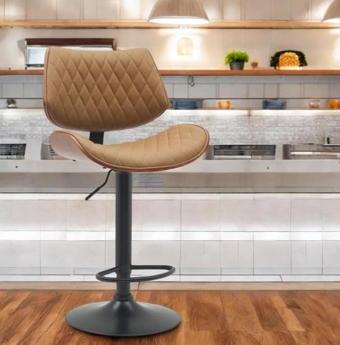 كرسي بار جلد بني غامق قاعدة حديد دوار من كاما