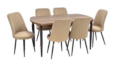 طاولة طعام خشب مع 6 كراسي مخمل لون بيج غامق مقدم لكم من كاما