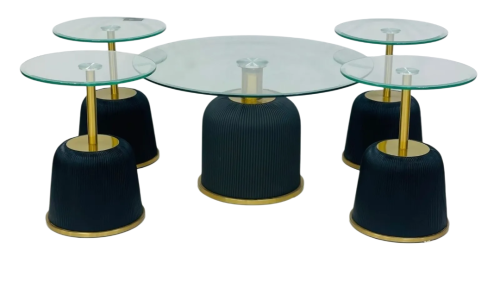 طقم طاولات خدمة4+1 جلد أسود و زجاج لون من كاما