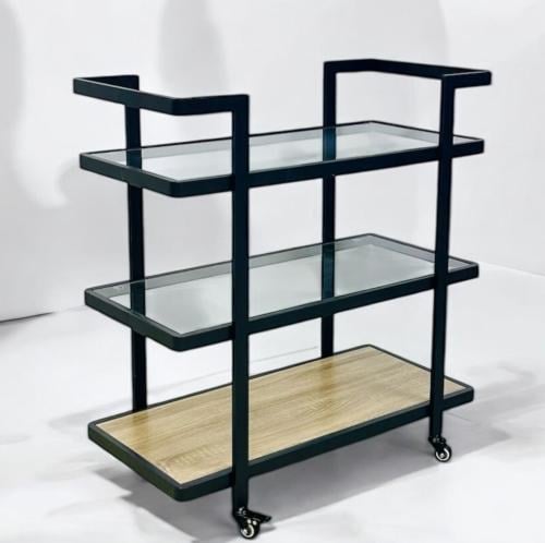 عربة تقديم أنيقة لون خشبي من ٣ أدوار زجاج وخشب وقواعد حديد من كاما