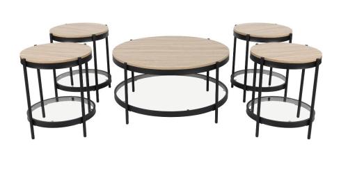 طقم طاولات خدمة 5 قطع خشبي لون خشبي رف زجاج شفاف ارجل معدن مقدم لكم من كاما