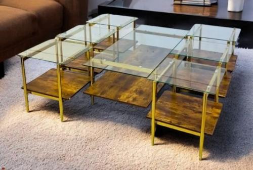 طقم طاولات ضيافة أنيقة بسطح زجاج قواعد استيل ذهبي دورين لون بني مقدم لكم من كاما